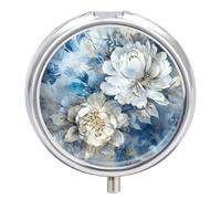 Blue and White Flowers Travel Pill Box Case 3 Compartment Cute Pill Organizer Metal Pill Holder with Mirror Small Medicine Organizer Daily Pill Container for Purse Pocket Portable Meds Box