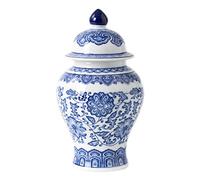 Blue and White Ginger Jar, Ceramic Chinoiserie Decorative Jars for Home, Office, Flower Vase Pocelain, Glossy Vase for Table, Living Room, Bookshelf, Mantle Fireplace, Centerpieces, 9.8"H