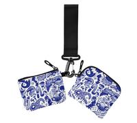 Blue and White Hand Painted Cartoon Monster Dual Coin Purse Credit Card Holder Wallet Small Detachable Business Card Case Money Organizer with Zipper Coin Pocket for Woman 2 Pcs, Blue and White Hand