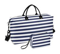 Blue and White Horizontal Stripes Decorative Carry on Weekender Overnight Bag Gym Bag with Adjustable Strap for Business Trips 2 Pcs Set bolsas para
