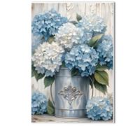 Blue and White Hydrangea Canvas Wall Art Rustic Flowers Prints Floral Still Life Canvas Print Farmhouse Wall Decor, Rustic Floral Poster Botanical Painting for Living Room Bathroom Dining Room Decor