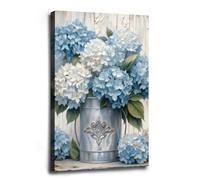 Blue and White Hydrangea Canvas Wall Art Rustic Flowers Prints Floral Still Life Canvas Print Farmhouse Wall Decor, Rustic Floral Poster Botanical Painting for Living Room Framed Ready to Hang