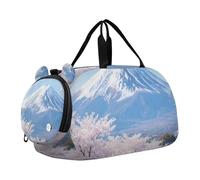 Blue and White Japanese Mount Fuji Cherry Blossoms Girl's Gym Duffel Bag with Shoes Compartment Lightweight Carry On Overnight Bag for Travel, Sports, Fitness & Workout