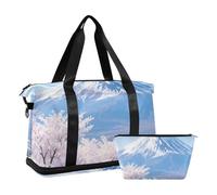 Blue and White Japanese Mount Fuji Cherry Blossoms Large Travel Duffel Luggage with Wet Pocket Adjustable Strap Gym Sports Duffel Bags for Gym Multifunctional for Men Women