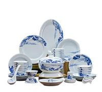 Blue and White Porcelain Dinnerware Set, Chinese Style Underglaze Ceramic Tableware, Heat-Resistant Elevated Base, Bowls and Plates Collection for 10 People