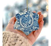 Blue And White Porcelain Floral Christmas Tree Ornament Russian Folks Cultural Accent Keepsake Gift Christmas Tree Decorations Personalized Ceramic Circle Souvenir Gift for Him Her