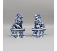 Blue and White Porcelain Foo Dog Statues, Traditional Chinese Guardian Lions, Decorative Pair, Oriental Home Decor