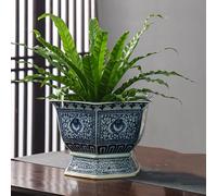 Blue And White Porcelain Hexagonal Ceramic Flowerpot With Drainage Hole Table Top Green Planting Creative Chinese Flower Pot Made By Jingdezhen (26.5 * 20cm),26.5 * 20cm