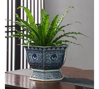Blue and White Porcelain Hexagonal Ceramic Flowerpot with Drainage Hole Table Top Green Planting Creative Chinese Flower Pot Made by Jingdezhen,31 * 24cm,One Color 31 * 24cm