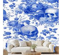 Blue and White Porcelain Skull Wall Paper Skull Floral Plant Pattern Art Photo Wallpaper 3D Effect 500x350 cm Modern Skull Art Mural for Bedroom Living Room Non-Woven Poster Decoration gu37l