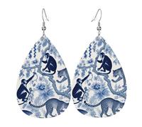 Blue And White Porcelain Style Monkey & Leopard Pattern Leather Earrings Lightweight Dangle Earrings Fun Hanging For Party Mother'S Day