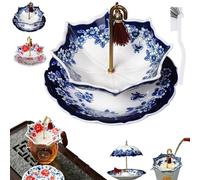 Blue and White Porcelain Umbrella Tea Strainer, Ceramic Tea Strainer, Chinese Blue & White Porcelain Loose Leaf Filter with Rotating Design, for Kung Fu/Coffee/Brewing (B)