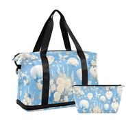 Blue and White Romantic Hot Air Balloon Flowers Travel Duffel Bags with Wet Pocket Adjustable Strap Gym Tote Bag for Hiking Large Capacity for Men Women