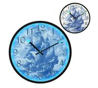 Blue and White Ship Night Light Wall Clock LED Wall Clocks Silent Battery-Operated Glow in The Dark Large Digital Display for Bedroom Living Room Kitchen, 12 Inch