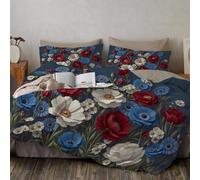 Blue And White Single Duvet Cover Sets Soft Poppy Daisy Printed Bedding Set Microfiber Duvet Covers Retro Floral Quilt Cover (135x200cm) with 1 Pillowcases