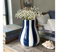 Blue and White Striped Ceramic Bud Vase, 14cm, Glossy Finish, Nautical Style, Home Décor