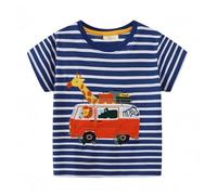 Blue and White Striped Short Sleeve T-Shirt with Safari Animal Car Appliqué, Kids Crew Neck Top with Lion, Zebra, Giraffe and Crocodile Cartoon Design, Suitable for Toddler 5T (100-110cm)