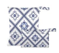 Blue and White Traditional Pattern zippered wet bag 2 Pack diaper bag essential items with handles for daycare, beach