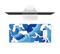 Blue and White Wave Mouse Pad, Non Slip Stitched Edge Gaming Mats for Desk, 31.5 X 11.8 Inch Large Mouse Pad for Desk Gaming