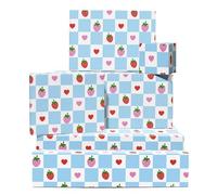 Blue And White Wrapping Paper - Checkered Heart And Strawberry Pattern - 6 Sheets Of Gift Wrap For Women - Comes With Stickers - Recyclable - By Central 23