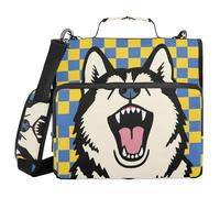 Blue and Yellow Checkered Siberian Husky Dog 1.5 Inch 3 Rings Office Binder Organizer with Handle Waterproof Zippered Portfolio for School