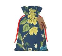 Blue And Yellow Flowers Christmas Drawstring Gift Bags, Xmas Bags With Tags, Reusable Santa Wrapping Bag