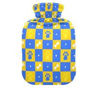 Blue and Yellow Grid Paw Prints hot Bottle Water Bag with Soft Cover, 2L hot compresses for The Body for Sore Muscle, Pain Relief, Bolsa de calor para Dolor Menstrual