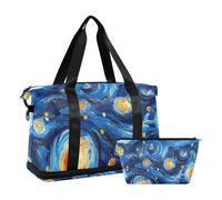 Blue and Yellow Oil Painting Starry Sky Large Bag with Wet Pocket Adjustable Strap Tote Bag for Hiking Foldable for Men Women