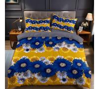 Blue And Yellow Single Duvet Cover Set 135x200 cm Flowers Daisy Microfibre Quilt Cover with 1 Pillowcases 50x75 cm, Printed Bedding Set for Kids Teens Bedroom Decor