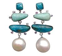 Blue Apatite Green jewelry geometric White Baroque Freshwater Pearl pave white Gold filled Stud Earrings