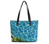 Blue Aqua Pool Water Leather Tote Bag for Women Work Shoulder Purses with Zipper Waterproof Large Computer Shoulder Bag Fashion Ladies Shoulder Handbag Reusable Shopping Bags