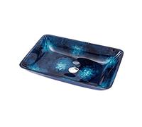 Blue Art Flower Vessel Vanity Sink Above Counter Tempered Glass Rectangle Shape Bathroom Washing Basin with Waterfall Faucet, Hand-Painted Lavatory Bowl for Home Decor, 22.44"