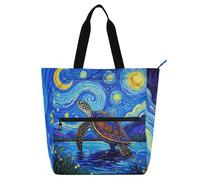 Blue Art Star Turtle Blue Book Bag Art Tote Bag for Boys Girls Women, Gothic Water-resistant School Beach Bag Shopping Bag with Zipper for School Shopping Beach Rainbow school supplies