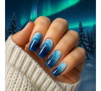 Blue Aurora Winter Gradient Press On Nails Short Square Fake Nails with Icy Details & Glossy Finish - Halloween Extensions Kit Set for Women Almond Acrylic French Tip Accessories