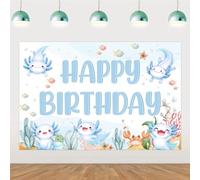 Blue Axolotl Birthday Decoration 4.92 * 3.28ft Axolotl Happy Birthday Backdrop Banner Cute Axolotl Cartoon Fun Animal Bday Decor Reptile Animal Party Supplies for Sea Fish Aquatic Creature Party