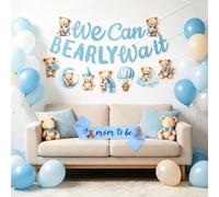 Blue Baby Shower Decorations Bear Baby Boy Banner | We Can BEARLY Wait Party Supplies Baby Shower Bear Baby Balloons