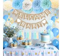 Blue Baby Shower Decorations for Boy with Welcome Baby Banner, Blue Champagne Balloons, Tassel Garlands, Swirls, and Paper Pom Poms for Boho Baby Shower or Gender Reveal Party Supplies
