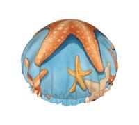 Blue Background Starfish Print Shower Cap For Women,Reusable Bath Cap,Breathable Shower Caps,Bathing Shower Caps With Adjustable