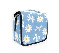 Blue Background with A White Daisies Pattern Travel sizoiletries for Men with Hanging Hook Washable Cosmetic Makeup Bag Backpacking