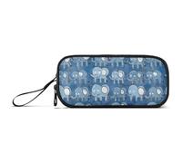 Blue Background with Lots of Cartoon Elephants on It Nylon Large Zippered Pencil Bag Large Capacity Pencil Cases for College School Stationery for College Men