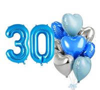 Blue Balloon 30, Foil Balloon Number 30, Heart Foil Balloon Blue Silver, 40 Inch Helium Balloon 30 with Heart Balloons, Balloon 30th Birthday Decoration Set for Birthday Anniversary Party Decoration