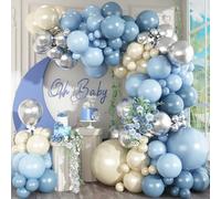 Blue Balloon Arch Kit, 125 Pcs Dusty Blue White Silver Garland With Baby Light Powder Slate Pearl White Sand for Bridal Baby Shower Anniversary Wedding Party Decorations