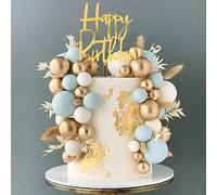 Blue Balls Cake Topper - Boho Grass Cake Topper With White Gold Pearl Balls for Happy Birthday, Wedding, Baby Shower, Boho Themed Party Supplies (Blue)