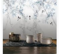Blue Bamboo Flying Birds Marble Effect Art 3D Wallpaper Premium Textured Silk Study Dining Living Room Bedroom Sofa TV Wall Easy Install-400cm×280cm