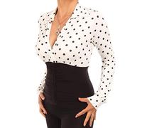 Blue Banana Women's Printed Collared Long Sleeve Stretchy Top - Ivory Polka Dot Size 14