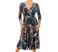 Blue Banana Women's Printed V Neck Fit & Flare Knee Length Dress - Dark Teal Floral Size 14