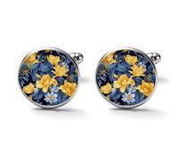 Blue Base Yellow Floral Alloy Cufflinks for Men 17mm 20mm Shirt Cuff Links for Wedding Business Formal Dress Father's Day Birthday Gift for Him