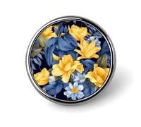 Blue Base Yellow Floral Badges Circle with Button Design, Personalized Picture Pin Brooches, Round Badge Holders for Decorate Hat Shirt Clothing Bag Accessories