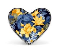 Blue Base Yellow Floral Badges Heart with Button Design, Personalized Picture Pin Brooches, Heart Badge Holders for Decorate Hat Shirt Clothing Bag Accessories
