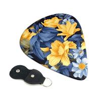 Blue Base Yellow Floral Guitar Picks 6 Pack with Leather Guitar Pick Holder Keychain, Plectrum Key Fob Cases Bag, Abstract Art Plectrum for Acoustic Electric Guitar, Ukulele 0.96mm